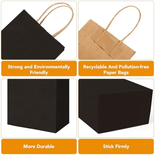 XPCARE Black Paper Bags with Handles, 200Pcs 5.25x3.25x8.25'' Kraft Bags - Image 3