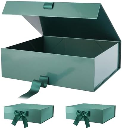 PACKHOME 3 Extra Large Green Gift Boxes Ribbon Magnetic Lids 17x14.5x5.5in by PACKHOME