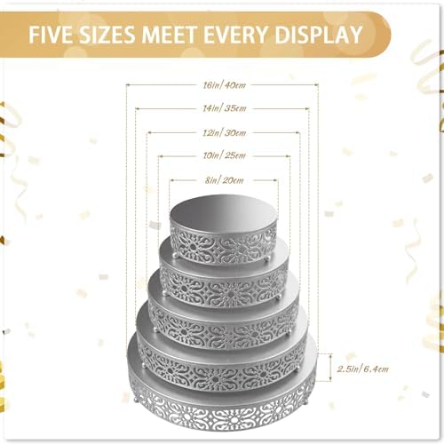 Wenqik 5 Pcs Metal Silver Cake Stand,16/14/12/10/8 in Round Cake Holder - Image 2