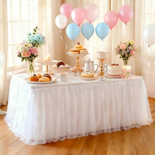 1-Pack White 2-in-1 Tulle Tablecloth for 5-Foot Rectangular Table by Yoquare