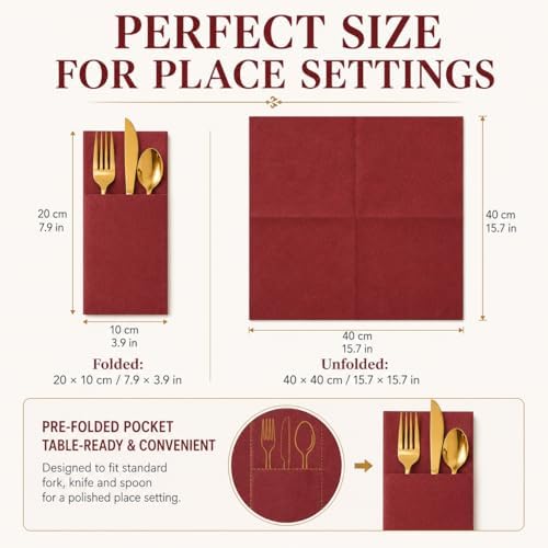 100Pcs Burgundy Napkins Disposable Linen Feel Dinner Paper Napkins with Built-in Flatware Pocket, 16in x 16in Airlaid Paper Pre-Folded Napkin for Silverware Baby Shower Easter Wedding Birthday Party - Image 5
