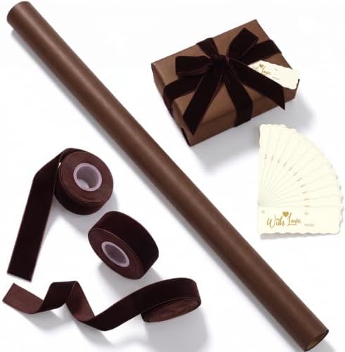 Matte Brown Christmas Kraft Wrapping Paper 45 ft Velvet Ribbon 12 Gift Tags by Ctosree