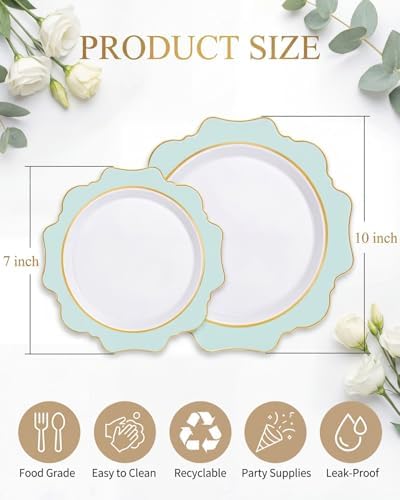 WDF 100PCS Mint Green Plastic Plates - Green Spring Plates Disposable - Heavy Duty Scalloped Plastic Plate for Parties/Wedding - Image 2