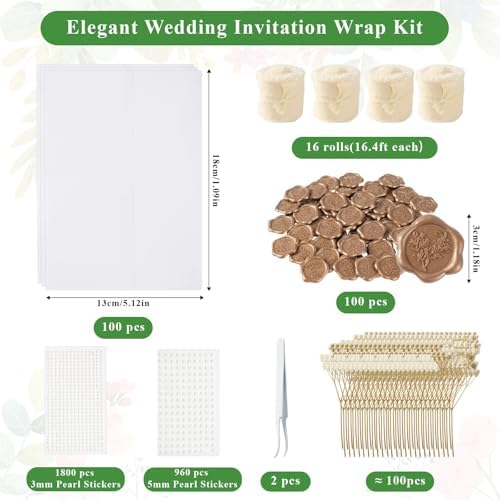 Wedding Invitation Wrap Kit, Pre-Folded Vellum Jackets for 5x7 Invitations with Wax Seal Stickers, Chiffon Ribbon, Dried Flowers & Pearl Stickers, DIY Invitation Accessories (Set of 100) - Image 3
