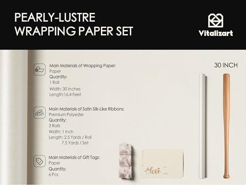 Vitalizart Silk Satin Ribbon 1" x 15 Yard Wooden Spool Champagne Nude & White Wrapping Paper Set 30" Pearly-Lustre with Satin Ribbon and Gift Tags - Image 3