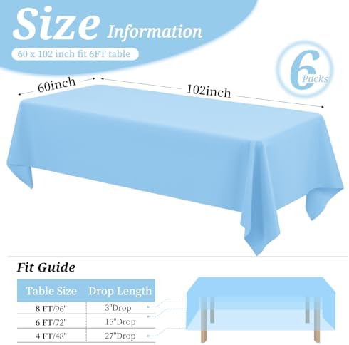 YMHPRIDE 6 Pack Light Blue Tablecloth 60 x102 inch Polyester Table Cloth for 6 Foot Rectangle Tables, Stain and Wrinkle Resistant Washable Fabric Polyester Table Covers for Wedding Party Banquet - Image 2