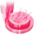 WDF 25 Guest Pink Plates with Pink Plastic Silverware&Pink Cups-Neon Clear Disposable Dinnerware include 50 Plates,25Forks, 25 Knives, 25 Spoons,25 Plastic Cups for Party and Baby Shower by WDF