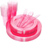 WDF 25 Guest Pink Plates with Pink Plastic Silverware&Pink Cups-Neon Clear Disposable Dinnerware include 50 Plates,25Forks, 25 Knives, 25 Spoons,25 Plastic Cups for Party and Baby Shower by WDF