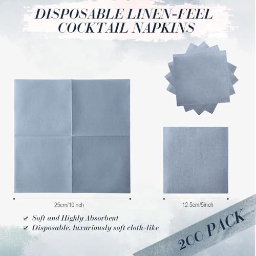 200 Pcs Dusty Blue Cocktail Napkins Disposable 10 x 10" Linen - Image 2