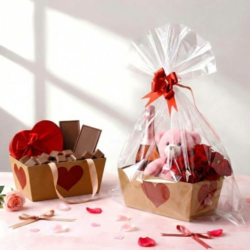 Funnymoom 24 Pcs Red Heart Basket for Gifts Empty Red Love Heart Gift Basket Empty to Fill with Handle, Transparent Bag and Bow for Teacher Summer Xmas Wedding Party Favor Supplies, 9.8 x 6.5 x 4.3'' - Image 6