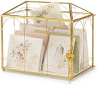 Glass Cards Box with Slot & Lock - 10.2" x 5.9" x 8" Vintage Geometric, Wedding Receptions, Home Reception, Tabletop Decor, Christmas Party, Gold - Slot Length 6.1 Inches by Giadun