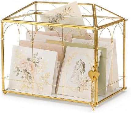 Glass Cards Box with Slot & Lock - 10.2" x 5.9" x 8" Vintage Geometric, Wedding Receptions, Home Reception, Tabletop Decor, Christmas Party, Gold - Slot Length 6.1 Inches by Giadun