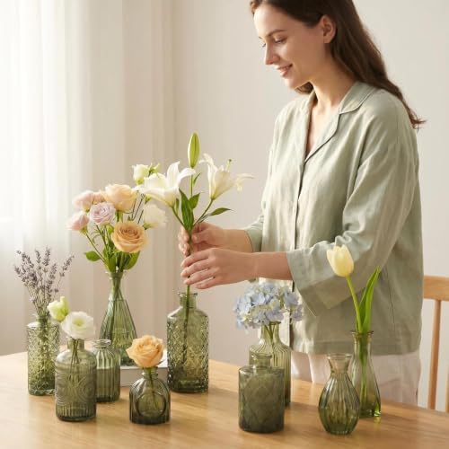Mini Bud Vases Centerpieces for Tables,Clear Bud Vases for Flowers,Small Flower Vases Suitable for Birthday Party,Anniversary,Wedding Reception,Baby Shower (GradGreen, 12PCS) - Image 6