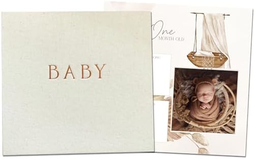 Peachly Unisex Baby Memory Book, Minimalist Baby First Year Keepsake for Milestones, Simple Baby Scrapbook for Boy Girl Milestones, Natural Linen (Haven) by PeachlyKeepsakeBooksPregnancyBabySchool