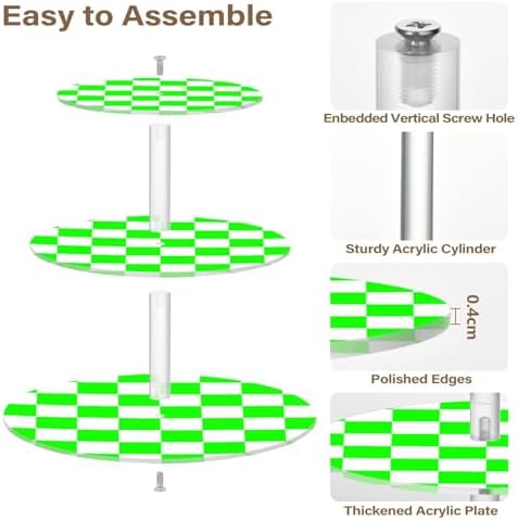 J JOYSAY Chess Checkerboard Light Green White Pattern Acrylic Cupcake Stand 3 Tier Dessert Table Display Set Clear Cake Stands for Baby Shower Party Wedding Decorations Easy Assembly Donut Tower - Image 2