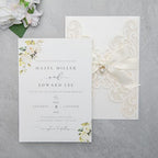 20Pcs Personalized Wedding Invitation, Customized Ivory Laser Cut Invitation Cards With Envelopes Rhinestone Pearls and Ribbons For Wedding XV Anos Quinceanera Invitation by FEIYI