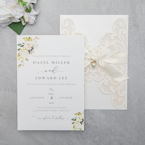 20Pcs Personalized Wedding Invitation, Customized Ivory Laser Cut Invitation Cards With Envelopes Rhinestone Pearls and Ribbons For Wedding XV Anos Quinceanera Invitation by FEIYI