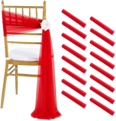 Red Chair Sashes 16 Packs 8ft Long Aisle Wedding Chair Back Side Decorations Fabric Sheer Church Tulle Chairs Drapes Bulk by Fanqisi