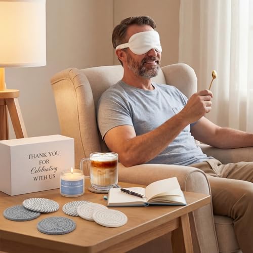 Ctosree 6 Set/48 Pcs Blue Baby Shower Game Prizes for Winners Gift Set Include Notebook Pen Ceramic Mug Spoon Coaster Scented Candle Eye Mask Gift Box for Wedding Bridal Baby Shower Favor for Guest - Image 4