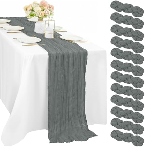 12 Pcs Gray 35 x 120 Inches Long Cheesecloth Table Runner 10FT Runner for Tables Gauze Fabric Boho Table Runner Decoration Rustic Semi Sheer Runner for Wedding Baby Shower Birthday Party (Gray) by Sunnyline