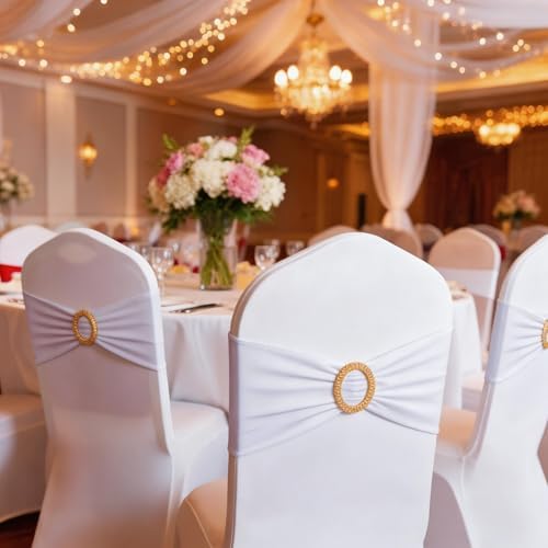 Pack of 50 White Chair Sashes with Gold Buckles Spandex Chair Bands Bows - Image 6