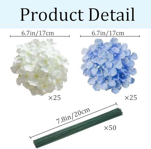 50 Pcs Faux White Blue Hydrangea Artificial Flowers Bulk, Fake Silk Hydrangea Flowers Heads with Stems for Wedding Decorations Garden Party Baby Shower Porch Home Decor Table Centerpieces - Image 3