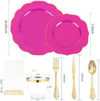 NOCCUR 175PCS Hot Pink Plastic Plates with Gold Disposable Silverware - Include 50 Hot Pink Plates,25 Knives,25 Forks,25 Spoons,25 Cups and 25 Napkins - Ideal for Party/Wedding/Banquet - Image 2