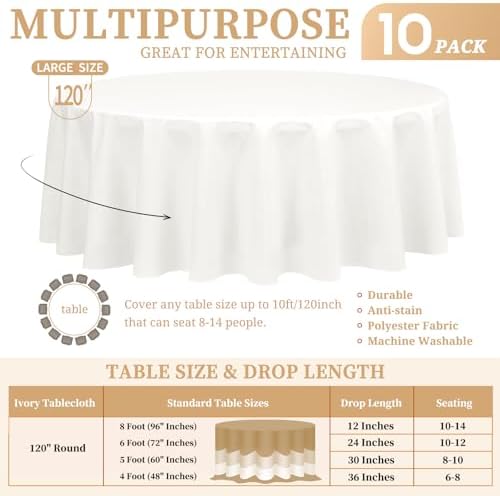 Showgeous 120 Inch Ivory Round Tablecloths, Polyester Table Covers - Image 2
