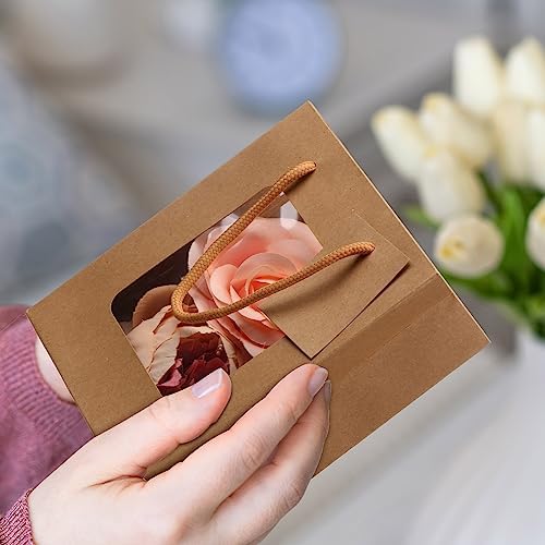 50 Pcs 7.5 x 3 x 6 in Brown Kraft Paper Gift Bags with Window & Handles - Image 3