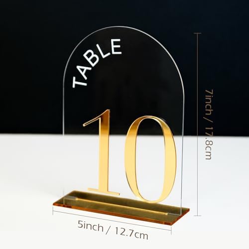 Clear Arch Wedding Table Numbers 1-20, Gold Numbers and Stands - Image 2