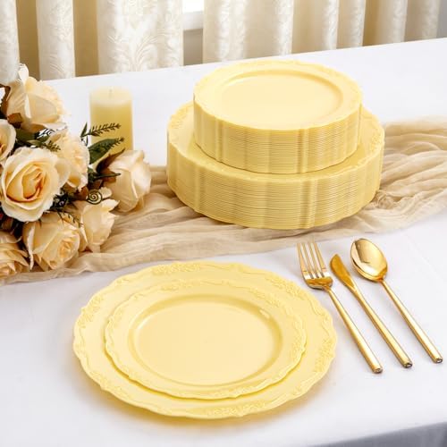 Tinybee 60PCS Yellow Plastic Plates - Heavy Duty Yellow Disposable Plates - Image 6