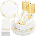 Ciaell 175 Piece White and Gold Plastic Plates for Weddings Parties by Ciaell