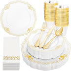 Ciaell 175 Piece White and Gold Plastic Plates for Weddings Parties by Ciaell