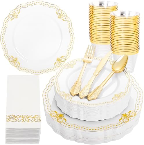 Ciaell 175 Piece White and Gold Plastic Plates for Weddings Parties by Ciaell