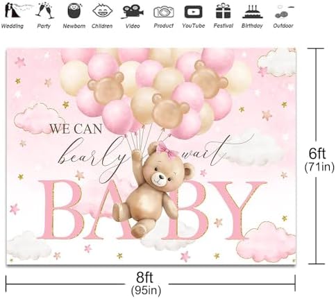 Bear Baby Shower Backdrop We Can Bearly Wait Party Decorations Background for Girl Bear Theme Baby Shower Banner Photo Booth Prop (Pink, 8x6ft) - Image 3