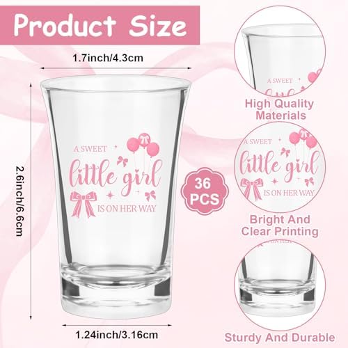 36 Sets Pink Bow Baby Shower Acrylic Shot Glasses A Sweet Little Girl is on Her Way Shot Glasses Coquette Bow Cups Bulk with Thank You Card Bag Bow Theme Party Gifts for Guest Gender Reveal - Image 2