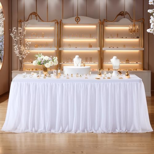 6 Pack White Tablecloth for 6 Foot Rectangle Tables with Tulle Table Skirt - Image 6