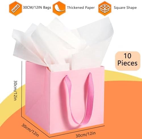 AZOWA Pink Square Gift Bags with Tissue - 12 Inch Paper Bags with Handles Birthday Party Favor Christmas Wedding Gift Box Flowers Decoration (10 PCS, 12x12x12 in) - Image 2