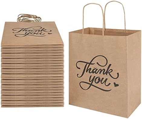 bagmad 100 Pack 8x4.75x10 Inch Medium Brown Paper Gift Bags with Handles Bulk, Thank You Kraft Paper Bags for Party Favors Grocery Retail Shopping Wedding Craft Sacks (Plain Natural, 100pcs Count) by bagmad
