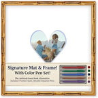 CountryArtHouse Signature Keepsake Frame - Heart Shaped Mat Window - Gold Bamboo Genuine Hardwood 20x20 8x8 Photo - Sky Blue Border Mat - Gel Pens Included for Guest Signing by CountryArtHouse