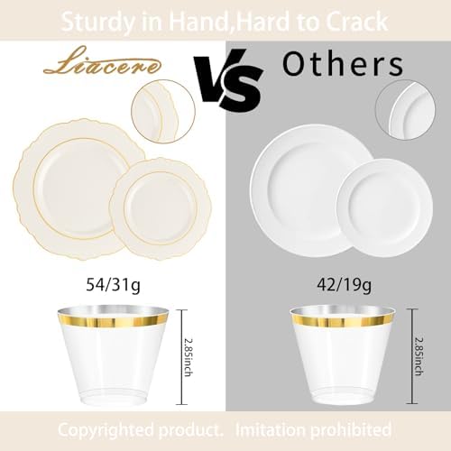 Liacere 350PCS Ivory Plastic Plates-Cream Disposable Plates With Gold Rim- Baroque Plastic Dinnerware include 100 Plates - 50 Pack Pre Rolled Napkins Silverware 50Cups for Thanksgiving＆Fall Party - Image 5