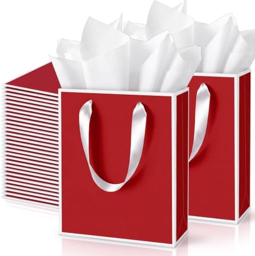 Yeaqee 50 Pack Metallic Paper Gift Bag Bulk with Handle, Red, White by Yeaqee