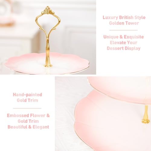 DUJUST Luxury Larger 3-Tier Cupcake Stand Tower, British Style Porcelain Serving Tray with Golden Trim, Food Grade Dessert Display Stand for Tea Party & Home Décor - 45% Gradient Pink Larger Plates - Image 3