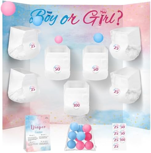 Ctosree 31 Pieces Gender Reveal Baby Shower Diaper Game 1 Diaper Baby Shower Game Board 7 Diapers 10 Plastic Balls 1 Organza Bag for Bridal Games Boy Girl by Ctosree
