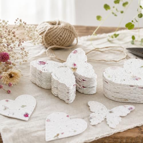 100 PCS Handmade Flower Papers for Wedding Guests Favors, Heart Butterfly Recycled Wildflower Cards, Writable Wrap Gifts Tags for Envelope DIY Craft Birthday Funeral Baby Shower Party Decorations - Image 3