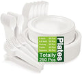 Unves 250 Pcs Compostable Paper Plates Set with Extra Long Utensils, White by Unves