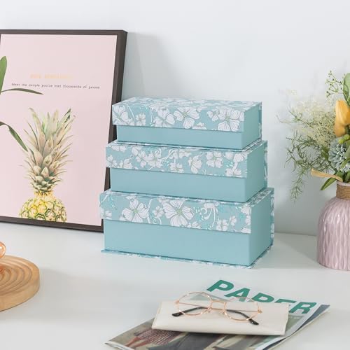 Soul & Lane - Decorative Storage Boxes with Lids, Set of 3, Blue Botanical - Image 3