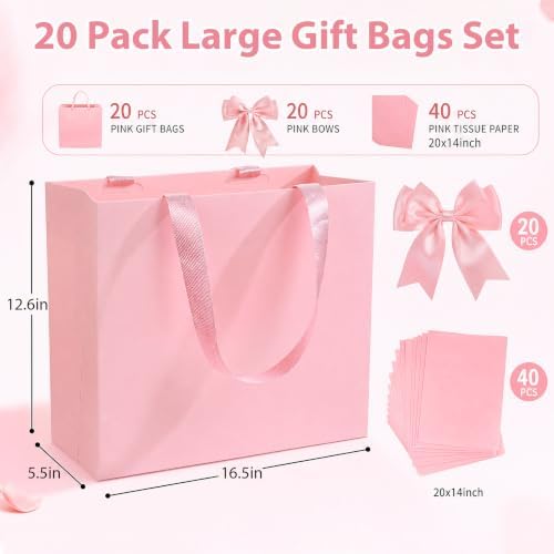 Catlovecorn 20 Pack Large Pink Gift Bags, 16.5 x 5.5 x 12.6 In - Image 3