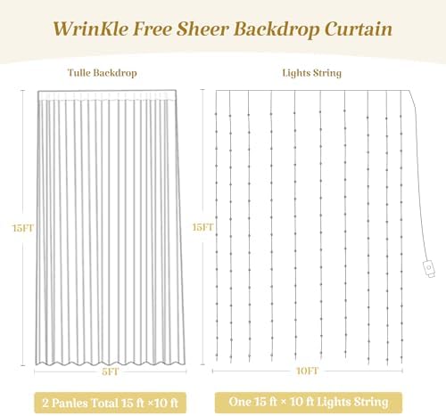 10×15ft Champagne Tulle Backdrop Curtain with Lights String for Parites Sheer Fabric Backdrop Curtains for Wedding Baby Shower Birthday Party Backdrop Drapes Bridal Shower Photo Shoot Background - Image 5