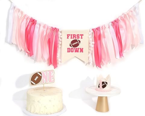 Girls First Year Down Birthday Decorations - Pink Football Theme Party Highchair Banner Set, Sports Touchdown Cake Smash Photo Props, 1st Birthday Cake Topper And Crown For Girls, Baby Shower Decors by YOUAME